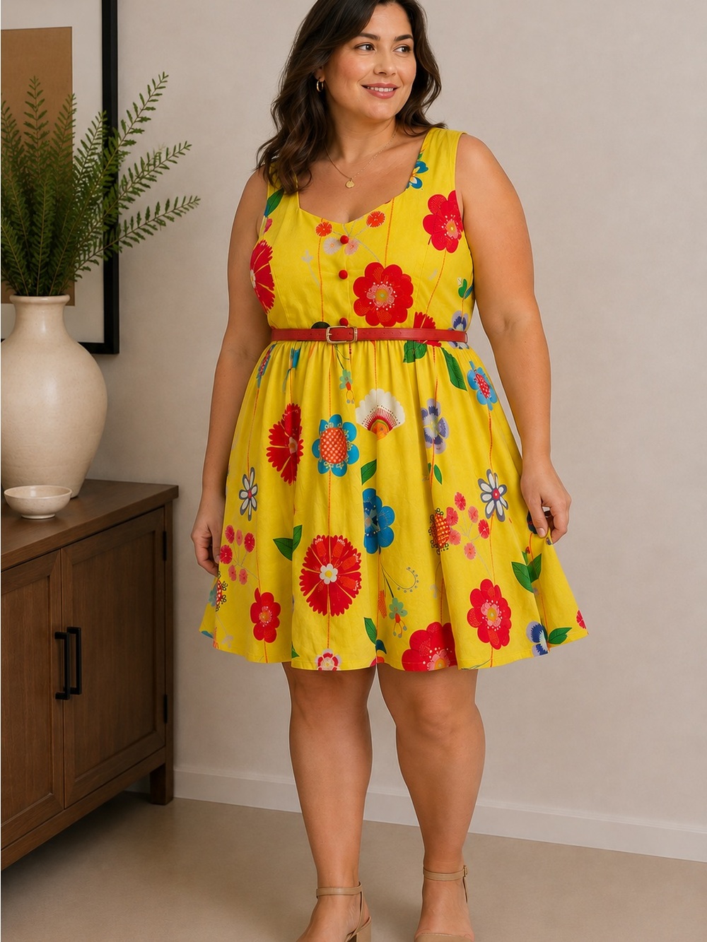 ModCloth Yellow Floral Sleeveless Fit & Flare Dress